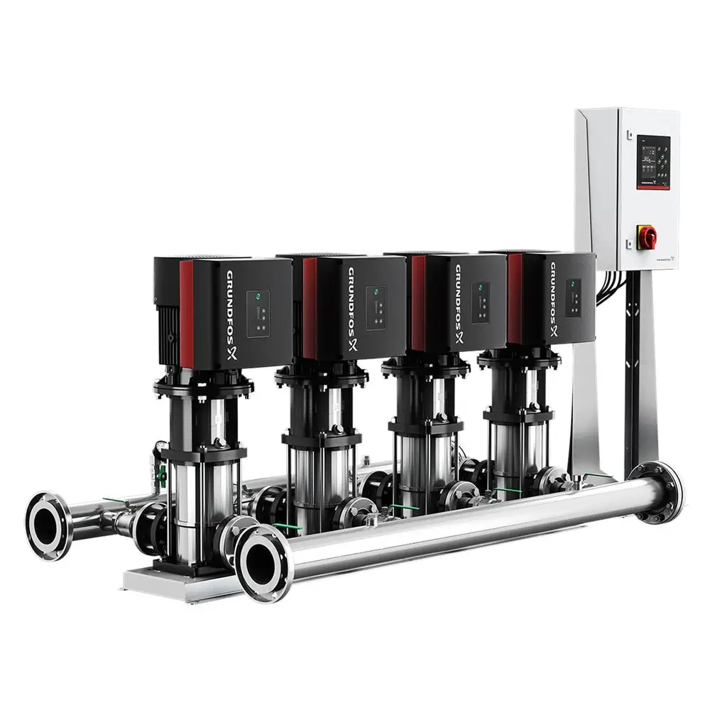 Druckerhöhungsanlage von Grundfos mit mehreren Pumpen und Steuerungseinheit. Sichtbare Anschlüsse und Rohre, entwickelt zur Druckerhöhung in Wasserversorgungssystemen.